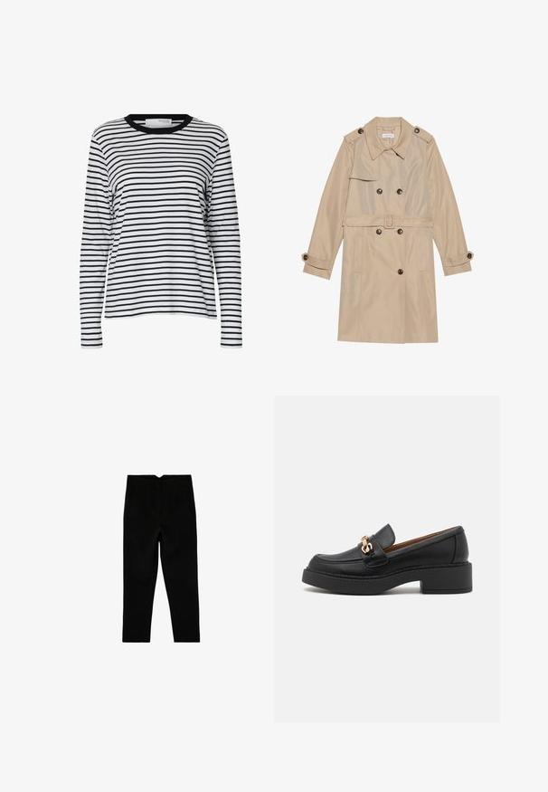 Beige trenchcoat lavet af glat stof, med et dobbeltbrystet design, store knapper, et bælte og klaplommer.; Hvid langærmet skjorte med sorte vandrette striber og en sort rund hals, vist på en ensartet hvid baggrund.; Sorte skræddersyede ankelkorte bukser med sidelommer og let tilspidset ben, vist fladt på en hvid baggrund.; Sort læderloafer med en kraftig platformsål, der har et guldbelagt kædeaccent og synlige sømdetaljer. Glat tekstur og strømlinet design.