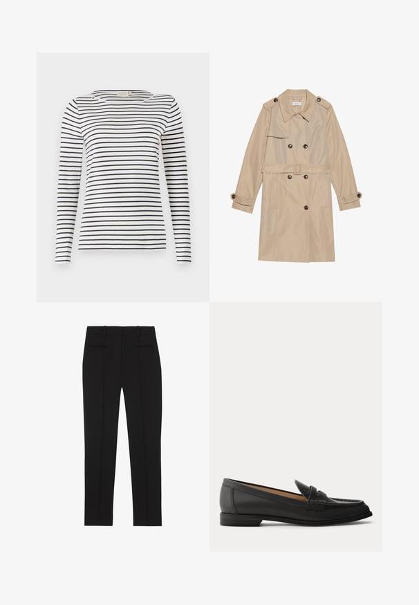 Beige trenchcoat lavet af glat stof, med et dobbeltbrystet design, store knapper, et bælte og klaplommer.; Langærmet stribet skjorte lavet af blødt stof, med marineblå og hvide vandrette striber, rund halsudskæring og en slim-fit design.; Sorte skræddersyede bukser med lige ben, bæltestropper og to paspolerede lommer bagpå, designet til formelt brug.; Sort dames loafer i læder med lav hæl, rundet tå og syninger på overdelen, vist fra siden på en ensfarvet baggrund.