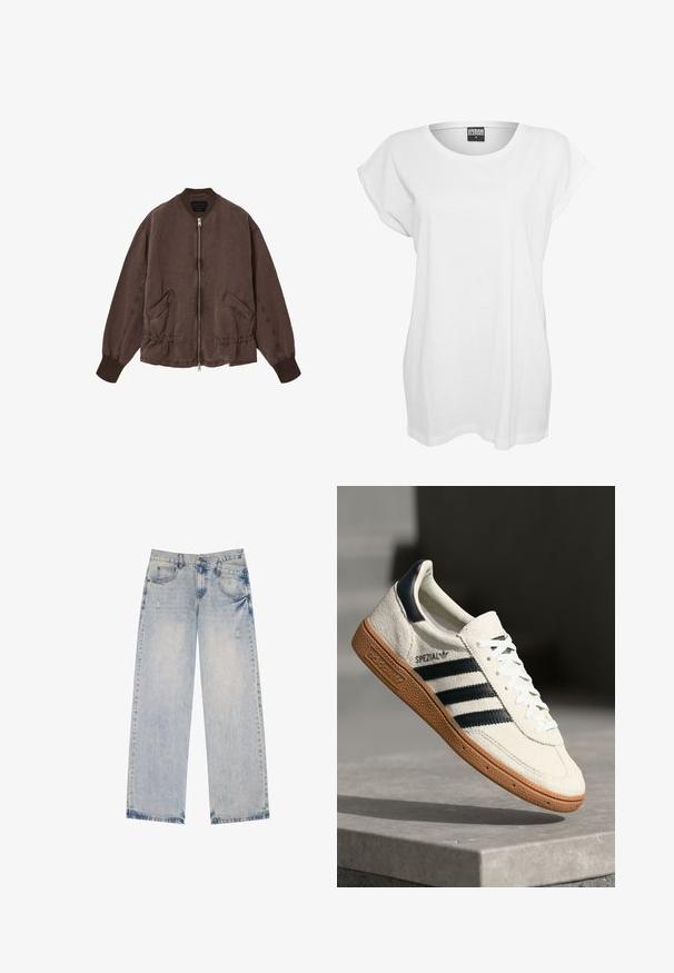 Brun bomberjakke med lynlås, ribbet krave og manchetter, to skrå forlommer og elastisk taljedetalje.; Hvid kortærmet t-shirt lavet af bomuld, med en afslappet pasform, bred halsudskæring og minimalistisk design uden mønstre eller accenter.; Lysblå denimjeans med lige ben-design, der har slidte detaljer, fem lommer og synlige sømdetaljer.; Hvide ruskinds sneakers med marineblå striber, gummisål, struktureret overdel, rund tå og snøring; har branding på siden og tungen.