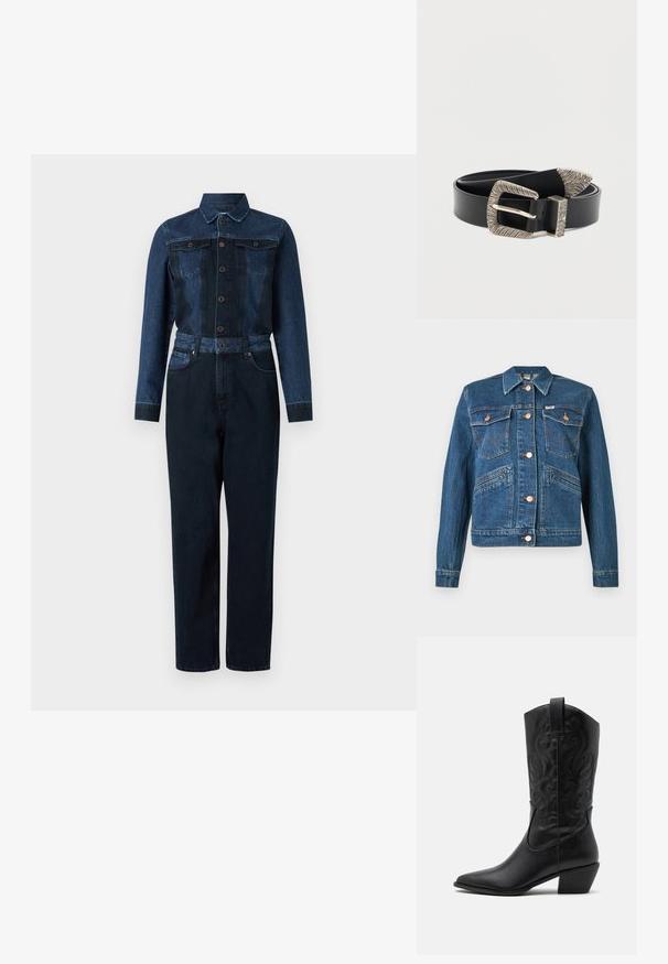 Modrá denimová bunda s mosadznými gombíkmi, dvoma náprsními vreckami so zapínaním na gombík a dvoma diagonálnymi vreckami na páse.; Denim overal s tmavomodrou farbou, dlhými rukávmi, zapínaním na gombíky vpredu, golierom a opaskom v páse s dvoma náprsními vreckami.; Čierna kožená kovbojská čižma s špicatou špičkou, embosovanými vírivými vzormi a stredne vysokým opätkom. Obsahuje pútko pre jednoduché obúvanie.; Čierny kožený opasok so striebornou prackou s textúrou, ktorá má lineárny vzor a špicatý hrot, určený na zapínanie a nastavovanie veľkosti.