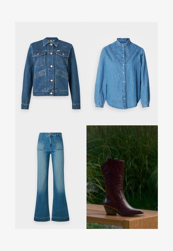 Blaue Jeansjacke mit kupferfarbenen Knöpfen, zwei aufgesetzten Brusttaschen mit Knopfverschluss und zwei diagonalen Hüfttaschen.; Blaues Denimhemd mit einem gerafften hohen Kragen, Knopfleiste vorne und langen Ärmeln. Mit dekorativen Nähten und einem leicht geschwungenen Saum.; Blaue hochgeschnittene Jeans mit vorderen Paspeltaschen und Schlagbeinen, ausgestattet mit einem Knopf- und Reißverschluss.; Dunkelbrauner Leder-Cowboystiefel mit gestickten Mustern, niedrigem schrägem Absatz und Zuglaschen, platziert auf einer Holzbank mit grünem Pflanzenhintergrund.