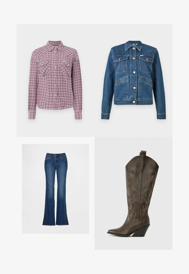 Blaue Jeansjacke mit kupferfarbenen Knöpfen, zwei aufgesetzten Brusttaschen mit Knopfverschluss und zwei diagonalen Hüfttaschen.; Lila- und rosa kariertes Hemd mit Knöpfen, einem Kragen, zwei Brusttaschen und langen Ärmeln. Hergestellt aus Stoff mit einem karierten Muster.; Flared blaue Jeans aus Denim mit hoher Taille, fünf Taschen und kontrastierenden Nähten. Verfügt über einen Knopf- und Reißverschluss sowie eine strukturierte Oberfläche.; Braune Leder-Cowboystiefel mit einer spitzen Zehe, Wedge-Absatz und dekorativer Stickerei. Besitzt einen hohen Schaft und eine Zuglasche.