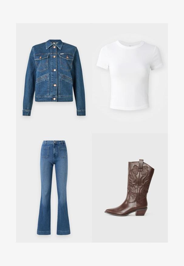 Blaue Jeansjacke mit kupferfarbenen Knöpfen, zwei aufgesetzten Brusttaschen mit Knopfverschluss und zwei diagonalen Hüfttaschen.; Weißes, kurzärmeliges, cropped T-Shirt mit Rundhalsausschnitt, auf einem neutralen, hellen Hintergrund präsentiert.; Ausgestellte blaue Jeans aus Denim mit normaler Bundhöhe, ausgestattet mit zwei Gesäßtaschen und einer sauberen Saumlinie. Glatte Textur und klassisches Design.; Braune Leder-Cowboystiefel mit spitzer Zehenpartie, dekorativer Stickerei am Schaft und niedrigem, gestapeltem Absatz. Glatte Textur mit glänzendem Finish.