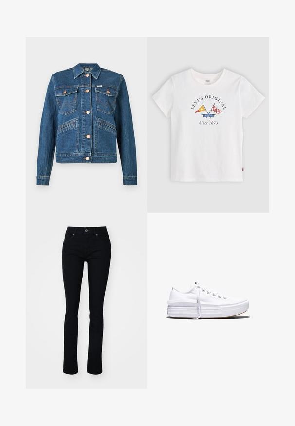 Blaue Jeansjacke mit kupferfarbenen Knöpfen, zwei aufgesetzten Brusttaschen mit Knopfverschluss und zwei diagonalen Hüfttaschen.; Weißes Levi's T-Shirt mit kurzen Ärmeln, gekreuzten gelben und roten Flaggen und dem Text "Levi's Original Since 1873" in der vorderen Mitte.; Schwarze Denim-Jeans mit schmaler Passform, fünf Taschen, Reißverschluss und Knopfverschluss. Glatte Textur und leicht elastisch für Komfort.; Weißer Canvas-Sneaker mit niedrigem Schnitt, dicker Plateau-Sohle, vorderer Schnürung und rauer Gummikappe an der Spitze, aus seitlicher Ansicht gezeigt.