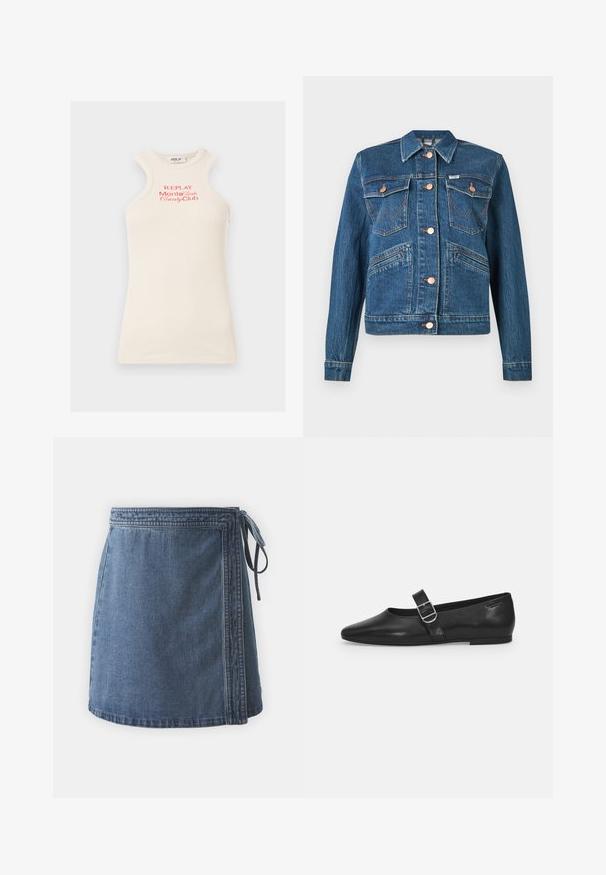 Veste en denim bleu avec des boutons en cuivre, deux poches à rabat sur la poitrine avec des fermetures à bouton, et deux poches diagonales à la taille.; Débardeur côtelé sans manches en beige clair avec le logo rouge "REPLAY Monte Carlo Country Club". Il présente un col montant et un design unique des épaules.; Jupe en denim mini en bleu moyen, design enroulé avec lien sur le côté, bords finis et tissu légèrement texturé. Forme simple et fonctionnelle.; Chaussure plate en cuir noir avec un bout arrondi, une seule sangle réglable à boucle et une texture lisse et brillante. Design minimaliste avec un petit talon.