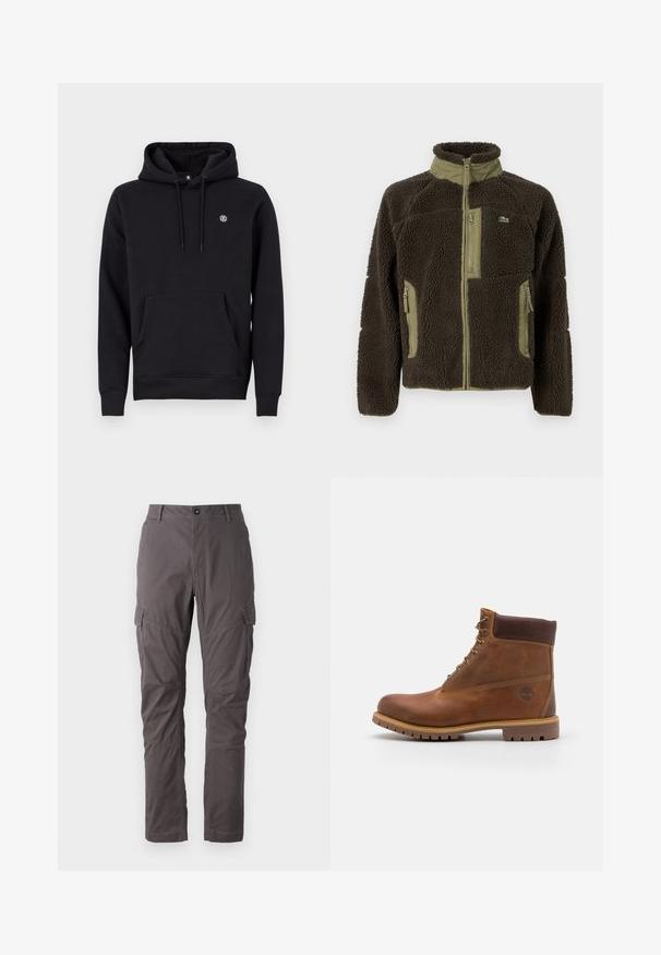 Dunkelbraune Fleecejacke mit hohem Kragen, olivgrünen Akzenten, Reißverschluss vorne und seitlichen Taschen sowie einer strukturierten, weichen Oberfläche.; Schwarzer Kapuzenpullover aus Baumwollgemisch. Verfügt über eine große Kängurutasche auf der Vorderseite, gerippte Bündchen und ein kleines Logo auf der Brust.; Graue Cargo-Hosen mit geradem Schnitt, ausgestattet mit mehreren Seitentaschen und verstärkten Nähten entlang der Beine. Hergestellt aus strapazierfähigem Stoff.; Braune Lederwanderschuhe mit glatter Oberfläche, gepolstertem Knöchel, Metallösen und einer Gummisohle mit robustem Profil.