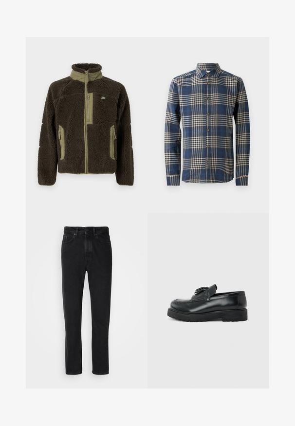 Chaqueta de forro polar marrón oscuro con un alto cuello, detalles en verde aceituna, cierre con cremallera en la parte frontal y bolsillos laterales, y una superficie suave y texturizada.; Camisa de cuadros azul y beige de manga larga hecha de tejido suave, con cierre de botones en la parte delantera, cuello clásico y puños con doble botón.; Jeans de mezclilla negra con un diseño de pierna recta, que presentan un cierre de botón y cremallera, bolsillos frontales y una textura sutil.; Mocasín de cuero negro con borlas, suela de caucho gruesa y tacón bajo, mostrado de perfil sobre un fondo liso.