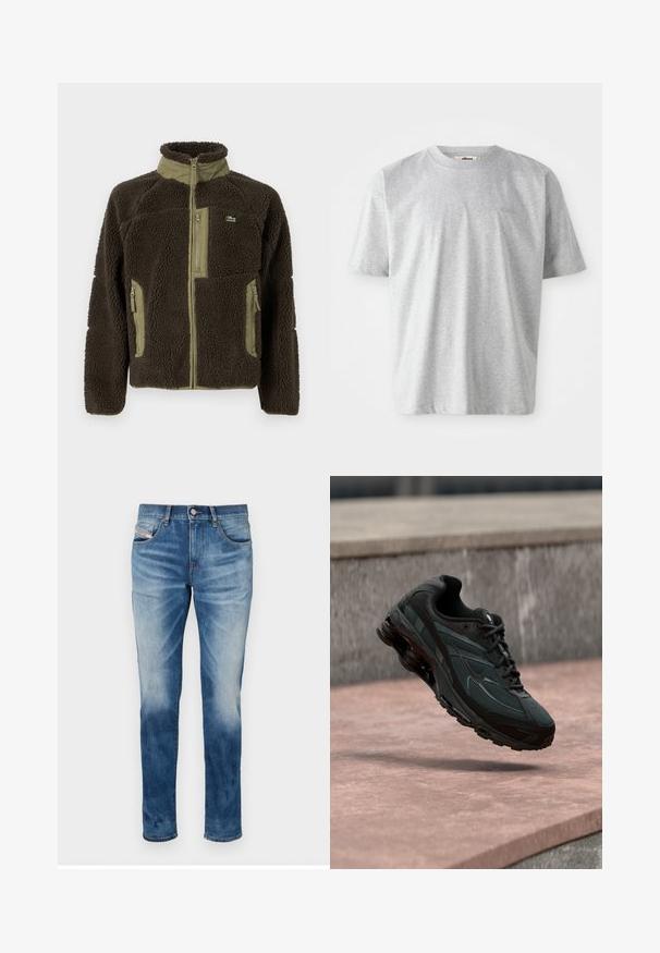 Veste en polaire brun foncé avec un col haut, accents vert olive, fermeture éclair à l'avant et poches latérales, et une surface texturée et douce.; T-shirt gris à manches courtes en tissu doux. Il présente un col rond et un logo subtil brodé sur le devant.; Jean en denim bleu avec une coupe droite, une finition délavée, cinq poches et une fermeture à bouton en métal. Texture douce avec un minimum de détails.; Baskets athlétiques noires avec une semelle intercalaire à coussin d’air visible flottant au-dessus d’une surface en pierre rose avec un mur en pierre gris en arrière-plan.