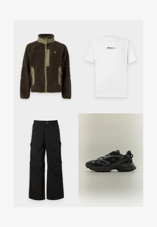 Chaqueta de forro polar marrón oscuro con un alto cuello, detalles en verde aceituna, cierre con cremallera en la parte frontal y bolsillos laterales, y una superficie suave y texturizada.; Camiseta de algodón de manga corta blanca, con un pequeño logo negro de "ellesse" centrado en el pecho. Diseño clásico de cuello redondo.; Pantalones cargo negros con una cintura elástica, múltiples bolsillos grandes y bolsillos laterales con cremallera. Fabricados con un tejido ligero y texturizado.; Zapatilla deportiva negra con paneles de malla, suela texturizada, cordones y una silueta curvada con acentos plateados en los laterales.