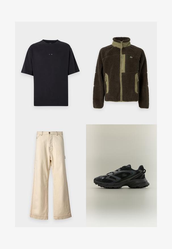 Chaqueta de forro polar marrón oscuro con un alto cuello, detalles en verde aceituna, cierre con cremallera en la parte frontal y bolsillos laterales, y una superficie suave y texturizada.; Oakley RISE TEE - Camiseta básica - blackout; Pantalones de pierna ancha beige de algodón con cierre de cremallera y botón, que presentan costuras en contraste y bolsillos laterales.; Zapatilla deportiva negra con paneles de malla, suela texturizada, cordones y una silueta curvada con acentos plateados en los laterales.