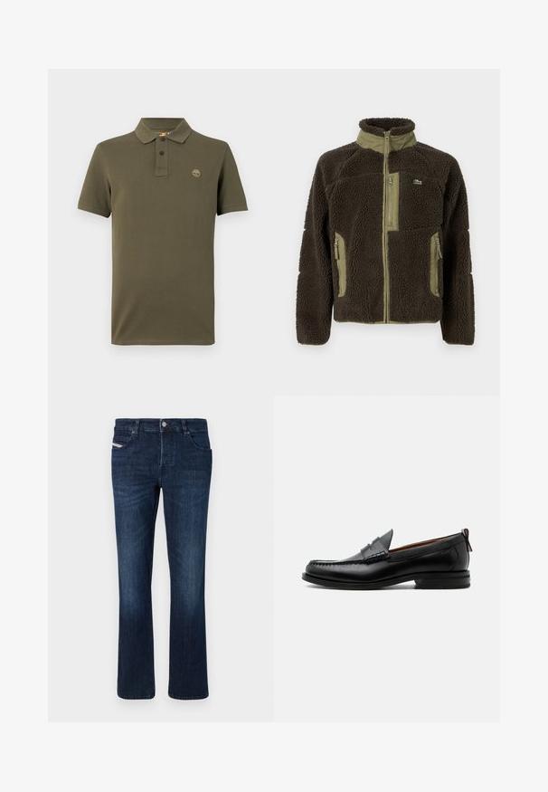 Chaqueta de forro polar marrón oscuro con un alto cuello, detalles en verde aceituna, cierre con cremallera en la parte frontal y bolsillos laterales, y una superficie suave y texturizada.; Polo de color verde oliva, hecho de algodón, con cuello, tapeta de dos botones y un pequeño logo bordado en el pecho. Mangas cortas.; Jeans de mezclilla en azul oscuro con un corte recto. Presentan cinco bolsillos, un cierre con botón de metal y un sutil bordado en el bolsillo trasero.; Mocasín de hombre de piel negra con costura moc toe, tira penny, cuello texturizado y tacón bajo apilado sobre fondo blanco.