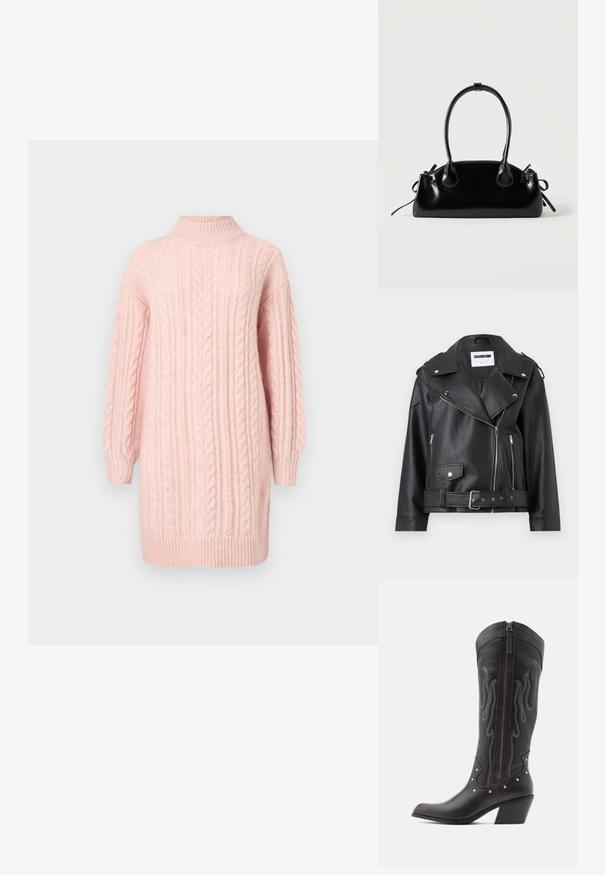 Sort faux læder bikerjakke med sølv lynlåse, bælte i taljen og epauletter. Har krave i bred model og asymmetrisk lynlåslukning foran.; Blød lyserød kabelstrikket sweaterkjole med lange ærmer og ribbet høj hals, kant og manchetter på en hvid baggrund.; Brune læder cowboystøvler med flammebroderi, sidelukning med lynlås, sølvnitter, spids snude og lagdelt hæl.; Lille sort blank håndtaske med to lange håndtag og snøre-detaljer i siden på en ensfarvet lys baggrund.