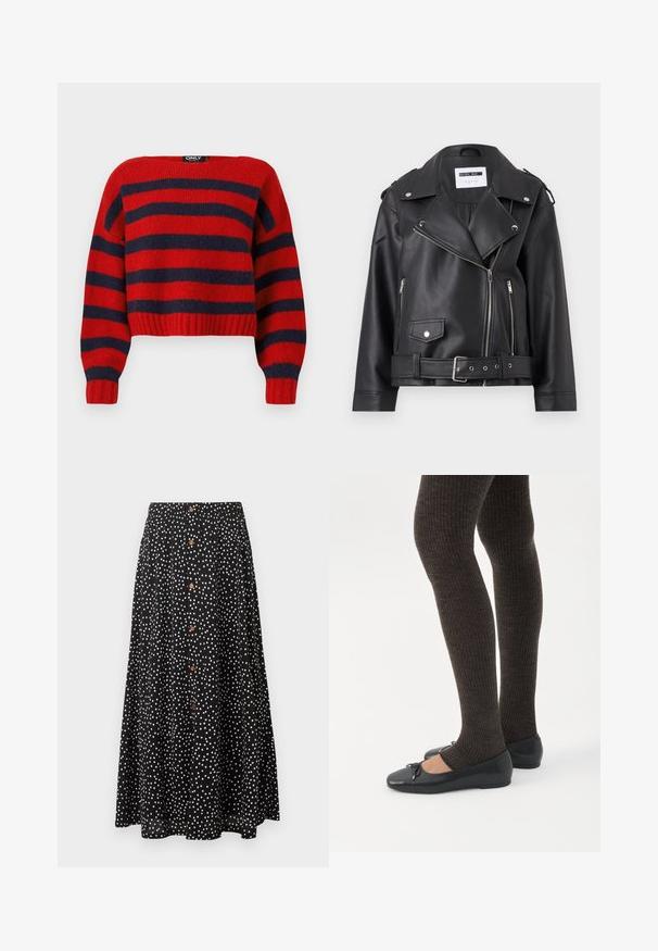 Sort faux læder bikerjakke med sølv lynlåse, bælte i taljen og epauletter. Har krave i bred model og asymmetrisk lynlåslukning foran.; Rød og marineblå stribet cropped sweater med ribbet kant og lange ærmer, lavet af blødt strikmateriale. Mærket hævder "ONLY."; Sort midi-nederdel med hvide polka prikker, knaplukning foran og en flydende A-formet silhuet.; Ben iført mørke ribbede leggings kombineret med sorte balletsko med små sløjfedetaljer på hvid baggrund.