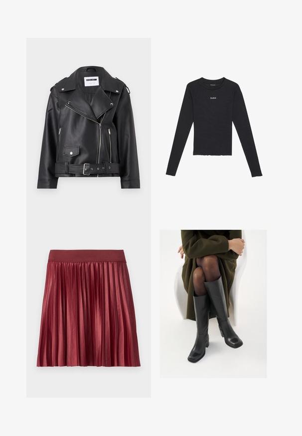 Zwarte nepleer motorjack met zilveren ritssluitingen, ceintuur in de taille en epauletten. Voorzien van een brede kraag en een asymmetrische ritssluiting aan de voorkant.; Even&Odd by Zalando Longsleeve - black/white; Plissérok gemaakt van glanzende, bordeauxrode stof met een brede, elastische tailleband. De lengte is boven de knie en heeft verticale plooien over de hele rok.; Knieschijf hoge zwarte leren laarzen met een vierkante neus en blokhak, getoond met een model dat zit in een olijfgroene jas. Gladde textuur, minimale details.