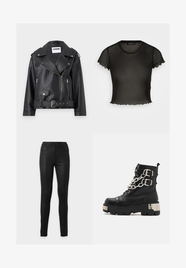 Veste de motard en simili cuir noir avec des zips en argent, taille ceinturée et épaulettes. Présente un large col et une fermeture éclair asymétrique à l'avant.; Haut noir transparent à manches courtes avec un col rond et des bords festonnés. Fabriqué en tissu léger, le design est ajusté et légèrement court.; Jean skinny noir taille haute avec poches avant et arrière, passants de ceinture et fermeture par bouton sur fond uni.; Koi Footwear SHACKLED SHADOWS HEAVY DUTY CHAIN - Bottines de cowboy / motard - black