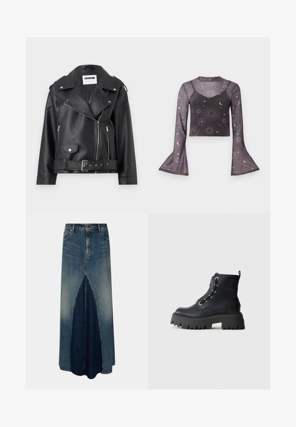 Zwarte nepleer motorjack met zilveren ritssluitingen, ceintuur in de taille en epauletten. Voorzien van een brede kraag en een asymmetrische ritssluiting aan de voorkant.; Doorschijnende zwarte cropped top met lange mouwen en uitlopende manchetten, versierd met een patroon van zonn, maan en sterren, met een binnenste camisolelaag.; Blauwe denim maxi-rok met een voor-invertpleat, riemlussen, knoop- en ritssluiting, en vervaagde wasdetails.; Zwarte leren enkelboot met robuuste profielzool, voorrits, vetersluiting en een merklabel aan de zijkant.