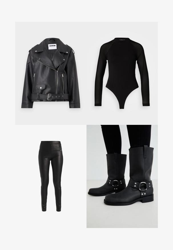 Sort faux læder bikerjakke med sølv lynlåse, bælte i taljen og epauletter. Har krave i bred model og asymmetrisk lynlåslukning foran.; Sort langermet bodysuit med høj hals, fremstillet af solidt stof på torsoen og gennemsigtigt mesh på ærmerne, designet i en tætsiddende form.; Sorte leggings i imiteret læder med høj talje. Stoffet har en glat, skinnende overflade og et tætsiddende design, der smalner af ved anklerne.; ONLY SHOES ONLBAX - Cowboy- / bikerstøvler - black