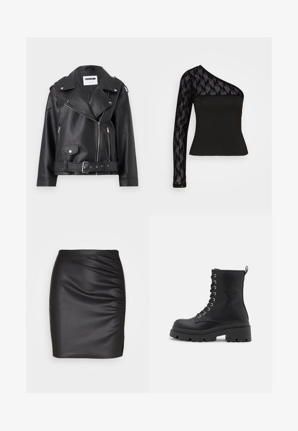 Zwarte nepleer motorjack met zilveren ritssluitingen, ceintuur in de taille en epauletten. Voorzien van een brede kraag en een asymmetrische ritssluiting aan de voorkant.; Pieces PCSILONE ONE SHOULDER - Longsleeve - black; Zwarte faux leren strakke rok met een geplooid textuur aan één kant en een kleine split aan de zoom, wat zorgt voor een slanke silhoeët.; Zwarte veterankers met een chunky zool, een gladde textuur, zilverkleurige details en een treklus aan de achterkant voor gemakkelijk aan- en uittrekken.