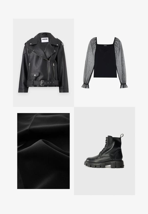 Čierna faux kožená biker bunda so striebornými zipsami, pásom a epauletmi. Má široký golier a asymetrické zapínanie na zips vpredu.; Even&Odd Top s dlhým rukávom - black; Čierna látka so hladkou textúrou, vykazujúca jemné záhyby a subtílny lesk; rovný povrch bez viditeľných vzorov alebo akcentov.; Čierne kožené členkové topánky s okrúhlou špičkou, šnurovaním vpredu s šiestimi kovovými očkami a robustnou, textúrovanou gumovou podrážkou.
