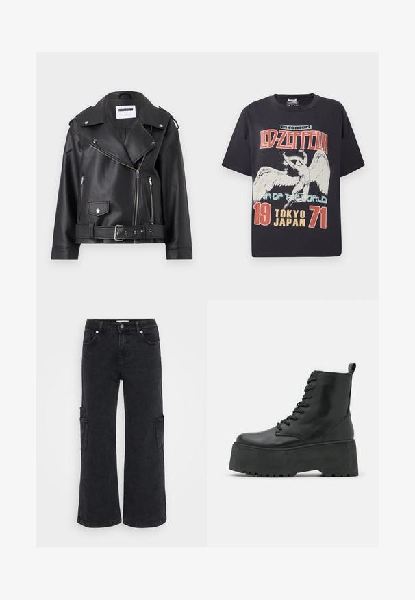 Schwarze Kunstleder-Bikerjacke mit silbernen Reißverschlüssen, Taillengürtel und Schulterklappen. Verfügt über einen breiten Kragen und einen asymmetrischen Frontreißverschluss.; Schwarzes Baumwoll-T-Shirt mit einem großen Grafikdruck eines Engels und dem Text "Led Zeppelin im Konzert Welttournee Tokio Japan 1971."; Schwarze Denim-Cargo-Hosen mit weitem Bein, ausgestattet mit Fronttaschen und seitlichen Cargo-Taschen. Angenehme Textur und klassisches Fünf-Taschen-Design.; Schwarze Knöchelstiefel mit einer dicken Plattformsohle, aus glattem Leder gefertigt, mit Schnürdesign und einer Zuglasche hinten.