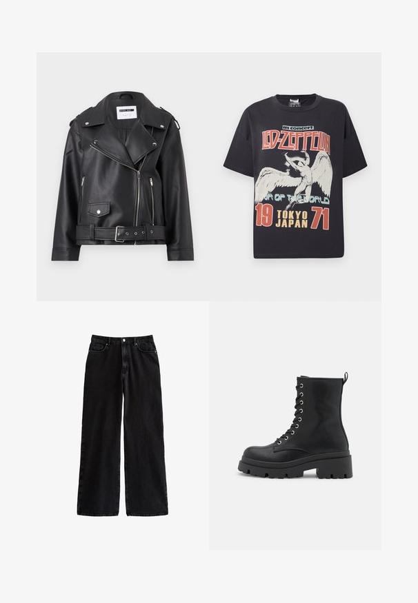 Chaqueta de moto de imitación cuero negra con cremalleras plateadas, cintura ajustable con cinturón y hombreras. Presenta un amplio cuello y un cierre delantero con cremallera asimétrica.; Camiseta de algodón negra con una gran impresión gráfica de un ángel y el texto "Led Zeppelin en concierto Gira del Mundo Tokio Japón 1971."; Pantalones de denim negros de pierna ancha con una cintura alta, que cuentan con un clásico diseño de cinco bolsillos y un cierre de botón, fabricados con una resistente tela de algodón.; Botas de tobillo negras con cordones, suela gruesa, textura suave, herrajes plateados y un tirador en la parte posterior para facilitar su uso.