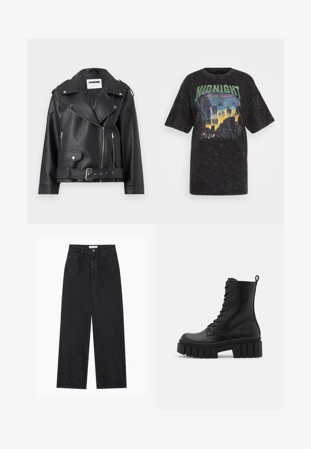Zwarte nepleer motorjack met zilveren ritssluitingen, ceintuur in de taille en epauletten. Voorzien van een brede kraag en een asymmetrische ritssluiting aan de voorkant.; ONLY Tall ONLLUCCA LIFE NIGHT BOX - T-shirt print - black; Zwarte high-waisted spijkerbroek met wijde pijpen, frontknopen en ritssluiting, ceintuurlussen en een vijf-pocket stijl.; Zwarte leren enkelboot met een chunky, gegroefd zool, vetersluiting aan de voorkant en een trekband op een gladde witte achtergrond.