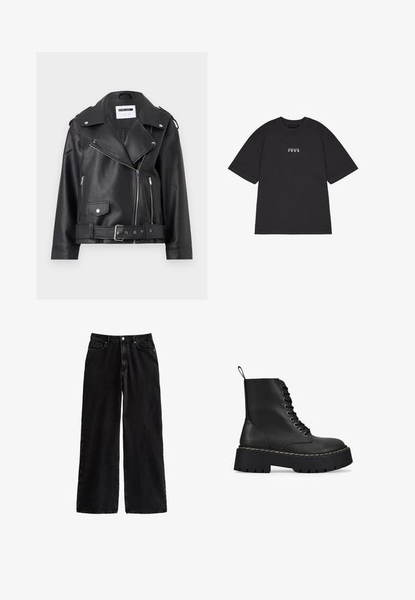 Chaqueta de moto de imitación cuero negra con cremalleras plateadas, cintura ajustable con cinturón y hombreras. Presenta un amplio cuello y un cierre delantero con cremallera asimétrica.; Camiseta de algodón negra de manga corta, con un pequeño texto gráfico blanco que dice "PEGAIDOR PGDR" en la parte delantera. Diseño simple de cuello redondo.; Pantalones de denim negros de pierna ancha con una cintura alta, que cuentan con un clásico diseño de cinco bolsillos y un cierre de botón, fabricados con una resistente tela de algodón.; Botas de tobillo de cuero negro con punta redonda, cordones en la parte delantera y suela de plataforma gruesa. Presentan costuras en contraste a lo largo de la suela.