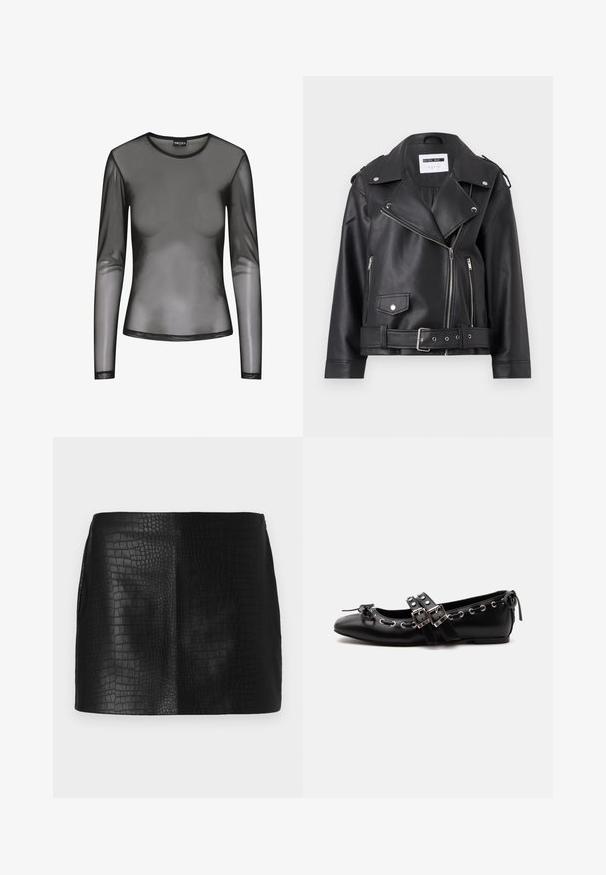 Schwarze Kunstleder-Bikerjacke mit silbernen Reißverschlüssen, Taillengürtel und Schulterklappen. Verfügt über einen breiten Kragen und einen asymmetrischen Frontreißverschluss.; Schwarzes langärmliges Mesh-Oberteil mit rundem Ausschnitt, aus transparentem Stoff und figurbetonter Passform. Die Ränder sind mit schwarzer Naht versehen.; Schwarzer Kunstleder-Minirock mit strukturiertem Krokodil-Muster, der eine glatte Oberfläche und eine maßgeschneiderte Form ohne sichtbare Beschläge aufweist.; Schwarzer flacher Ballettschuh mit doppelten Schnallenriemen, silbernen Ösen und einer kleinen Schleife nahe der abgerundeten Spitze auf weißem Hintergrund.