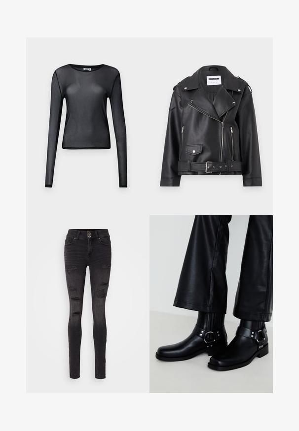 Veste de motard en simili cuir noir avec des zips en argent, taille ceinturée et épaulettes. Présente un large col et une fermeture éclair asymétrique à l'avant.; Haut noir à manches longues en maille transparente avec col rond et silhouette ajustée, présenté sur un fond uni.; Jean skinny noir en denim avec un design déchiré comportant plusieurs déchirures et une silhouette ajustée. Fermeture à double bouton à la taille.; Bottines en cuir noir avec un bout arrondi, présentant une boucle décorative et des clous sur la sangle, ainsi qu'un détail côtelé vertical.