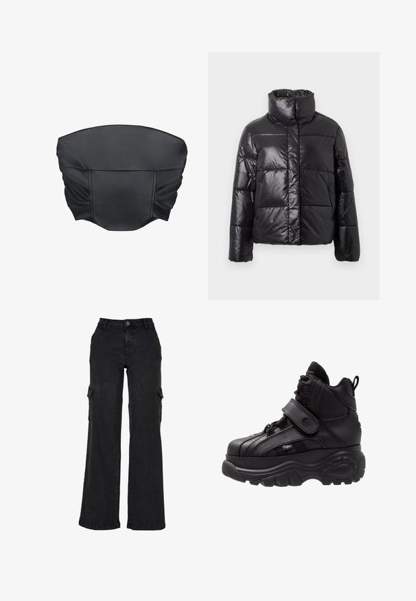 Zwarte pufferjack met een hoge kraag, gewatteerd design en glanzend nylon materiaal. Voorzien van lange mouwen en een rechte snit.; Zwarte nep leren cropped top met geplooide textuur en een gestructureerde vorm, met een gladde oppervlakte en minimale stikdetails.; Zwarte cargo broek van denim, met een wijdbeenontwerp, zijzakken en een knoopsluiting bij de taille. Soepele textuur zonder patronen.; Zwarte hoge sneakers met een dikke rubberen zool, leren bovenwerk, veters en klittenbandsluitingen, en gedetailleerde zijkanten met textuur.