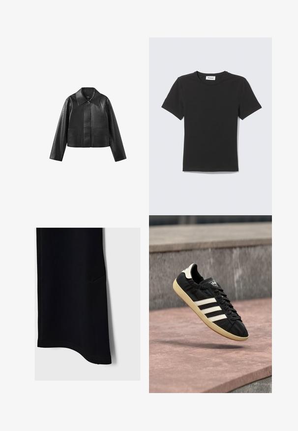 Veste courte noire en similicuir à texture crocodile, manches longues, col pointu et fermeture à boutons à l'avant.; T-shirt noir à manches courtes col rond posé à plat avec une petite étiquette blanche à l'intérieur du col sur un fond clair.; Pantalons de sport noirs avec une texture lisse, un ourlet incurvé, une poche latérale et des coutures contrastées, conçus pour le confort et la mobilité.; Baskets Adidas noires avec des bandes blanches et une semelle beige, capturées en plein air au-dessus d'une surface en pierre et d'un mur en pierre en arrière-plan.