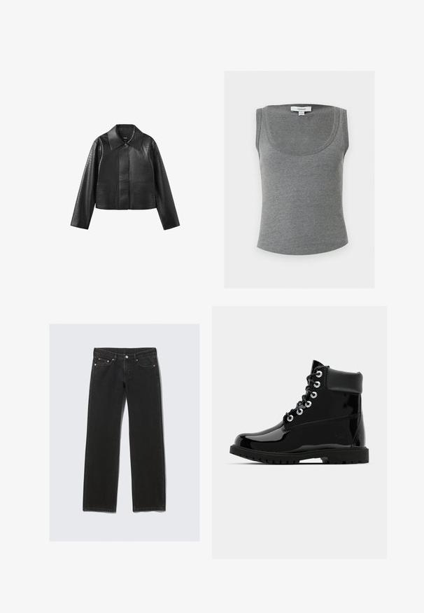 Veste courte noire en similicuir à texture crocodile, manches longues, col pointu et fermeture à boutons à l'avant.; Débardeur gris côtelé sans manches avec encolure dégagée, comportant une petite étiquette blanche Topshop à l'intérieur du col au dos.; Jean en denim noir à coupe droite avec cinq poches, fermeture à boutons et passants pour ceinture, présenté à plat sur un fond clair.; Bottes noires brillantes à la cheville avec une finition en cuir verni lisse, bout rond, laçage à six œillets et semelle en caoutchouc robuste.