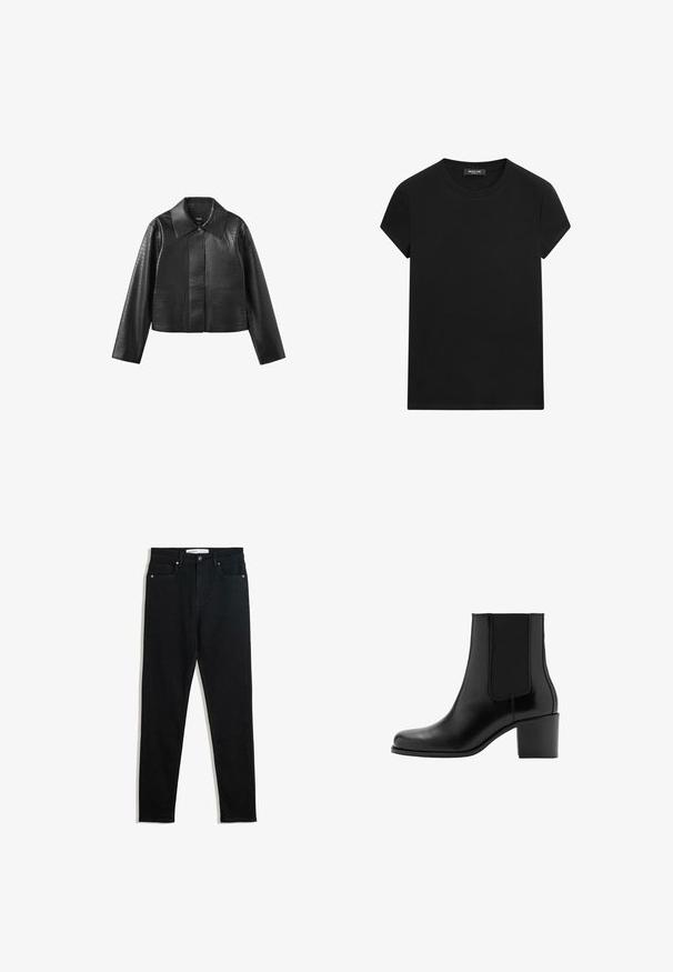 Zwarte cropped jas van nepleer met krokodillenstructuur, lange mouwen, puntige kraag en knoopsluiting aan de voorkant.; Zwart T-shirt met korte mouwen en ronde hals met een zichtbaar merklabel bij de hals, gecentreerd op een witte achtergrond.; Zwarte denimjeans met een slanke pasvorm, vijf pocketontwerp, metalen hardware en een rits. Soepele textuur met een lichte stretch.; Zwarte leren enkellaarzen met lage blokhak en elastische zijpanelen, gezien vanaf de buitenkant tegen een witte achtergrond.