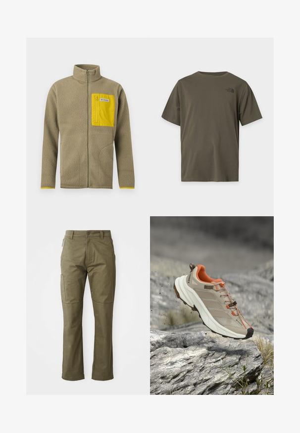 Lichtbruine fleecejas met ritssluiting aan de voorkant en geel met rits afsluitbaar borstzakje, met Columbia merklabel.; Effen olijfgroen T-shirt met korte mouwen en een klein zwart The North Face-logo op de bovenste linkerborst.; Khaki cargobroek gemaakt van stevig katoen, met zijzakken, rechte pijpen en een rits met knoopsluiting.; Beige en oranje wandelschoen met dikke zool, GORE-TEX-label en "TERREX"-branding, afgebeeld boven rotsachtig terrein.