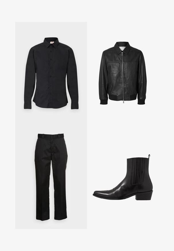 Selected SLHDEON JACKET - Lederjacke - black; Schwarzes, langärmeliges Hemd zum Knöpfen mit Kragen, geknöpften Manschetten und einem kleinen Logo auf der linken Brustseite, auf einer flachen Oberfläche dargestellt.; Schwarze Hose aus einem glatten Stoff, mit einem geraden Bein Design, Gürtelschlaufen und zwei Seiten Taschen. Klassischer Look ohne Verzierungen.; Schwarze Leder- ankle boot mit spitzem Zehenbereich, elastischen Seitenpaneelen, vertikalen Steppnähten und einem niedrigen Blockabsatz.