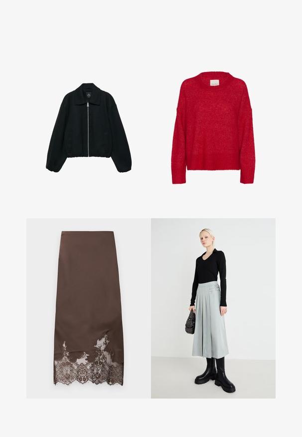 Sort lynlåstrøje med bred krave, elastisk kant og lange puffede ærmer, med forlommer foran.; Rød strikket sweater med rund halsudskæring, drop shoulder, ribbet kant og blød tekstur, der har en løs pasform og let, luftig udseende.; Brun nederdel med glat stof, der har indviklet sort blonder ved kanten med et bølgemønster. Midt-længde design uden yderligere detaljer.; Sort langærmet top, lys grå plisseret nederdel med dobbelte spænde detaljer, og sorte chunky-såle støvler; sølv- håndtaske med dekorationer.