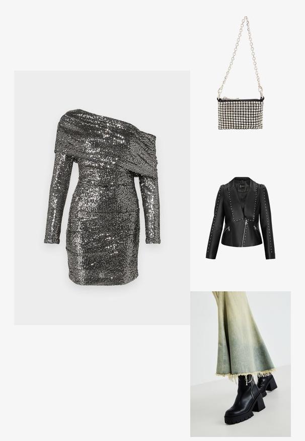 Schwarze Kunstlederjacke mit Reversdesign, silbernen Nieten entlang der Vorderseite und Ärmel sowie asymmetrischem Reißverschluss.; Paillettenbesetztes Kleid mit schulterfreiem Ausschnitt, langen Ärmeln und taillierter Silhouette. Hergestellt aus metallischem Stoff in silbernen Tönen.; Schwarze Leder-Ankle-Boots mit einer groben strukturierten Sohle, kombiniert mit einem verwaschenen Jeansrock mit fransigen Kanten. Reißverschlussdetail an der Seite.; Schwarze Umhängetasche, verziert mit glänzenden silbernen Strasssteinen, mit einem silbernen Kettenriemen und einem Reißverschluss an der Oberseite.