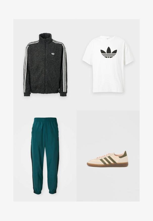 Sort fleece jakke med lynlås foran, høj krave og hvide tre-stribede accenter på ærmerne. Har et lille logo på brystet.; Hvid bomulds t-shirt med et stort sort Adidas trefoil-logo og tre vandrette striber nedenunder. Korte ærmer, rund halsudskæring.; Teal sportsbukser med snoretræk i taljen, elastiske manchetter og sorte striber på siden. Lavet af letvægtsstof med et logo nær hoften.; Beige Adidas Spezial sneaker med lav profil, grønne striber, gummisål og "SPEZIAL"-branding på siden, vist fra ydersiden.