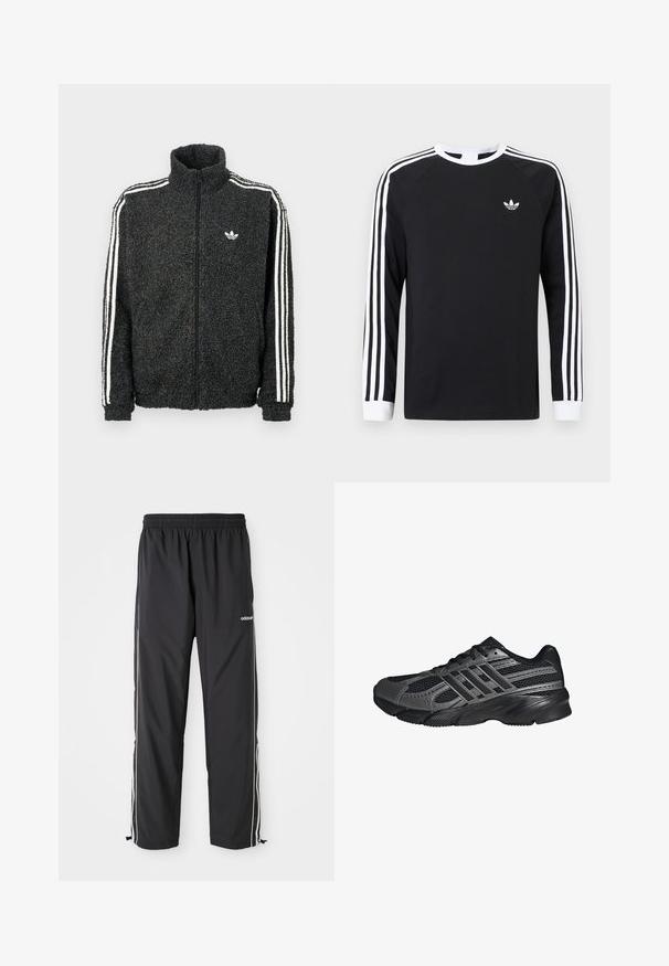 Schwarze Fleecejacke mit Reißverschluss vorne, hohem Kragen und weißen drei Streifen an den Ärmeln. Verfügt über ein kleines Logo auf der Brust.; Schwarzes langärmeliges T-Shirt mit weißem Drei-Streifen-Design an den Ärmeln. Mit rundem Ausschnitt und kleinem weißem Logo auf der Brust.; Schwarze Sporthose aus leichtem Material, mit weißen Seitenstreifen, einem elastischen Bund und verstellbaren Knöchelbündchen.; Schwarze Sportschuhe aus Netz- und synthetischem Material, mit einer strukturierten Oberfläche, mehreren grauen Streifen und einem gepolsterten Schaft.