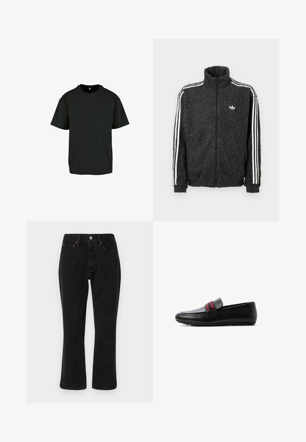 Sort fleece jakke med lynlås foran, høj krave og hvide tre-stribede accenter på ærmerne. Har et lille logo på brystet.; Sort bomulds T-shirt med rund hals og korte ærmer; har en afslappet pasform og en glat, struktureret overflade.; Sorte denim jeans med lige ben, fem lomme-design og metalhardware med kobberdetaljer. Glat tekstur og mellem høj midt.; Sort læderloafer med flad sål, med et rødt og sortstribet bånd tværs over toppen, vist fra siden på en hvid baggrund.