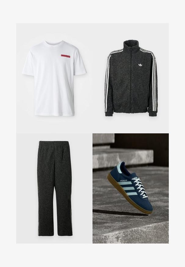 Sort fleece jakke med lynlås foran, høj krave og hvide tre-stribede accenter på ærmerne. Har et lille logo på brystet.; Hvid bomulds t-shirt med rund hals, korte ærmer og en lille rød grafisk detalje på venstre brystområde.; Sorte fleecebukser med tekstur, elastisk taljebånd og lige ben, vist mod en hvid baggrund.; Blå Adidas Spezial sneaker med hvide striber og snørebånd, gummisål, svævende over en ru betongoverflade og trin i baggrunden.