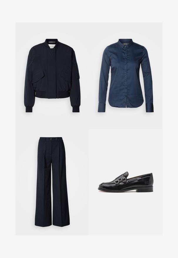Chaqueta bomber de color azul marino confeccionada con tela suave, que cuenta con un cuello alto, dos bolsillos delanteros y puños y dobladillo acanalados para un ajuste perfecto.; Camisa de manga larga azul marino con cierre de botones en la parte delantera, cuello puntiagudo y puños. Textura suave con un diseño ajustado y dobladillo recto.; Pantalones de pierna ancha a rayas marino con dos botones frontales, diseño ajustado, pliegue en la parte delantera y una textura suave.; Mocasín de charol negro con acentos de doble hebilla plateada, punta ligeramente redondeada y tacón bajo apilado. Detalle de costura texturizada a lo largo de la parte superior.