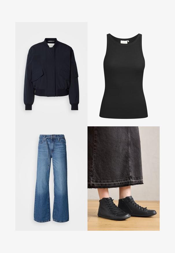 Chaqueta bomber de color azul marino confeccionada con tela suave, que cuenta con un cuello alto, dos bolsillos delanteros y puños y dobladillo acanalados para un ajuste perfecto.; Top negro sin mangas hecho de tela acanalada, con un escote en forma de bote y un ajuste ceñido. Costuras planas y sin adornos. Diseño simple y elegante.; Jeans de mezclilla de pierna ancha en un tono azul claro. Presentan una cintura alta, costuras visibles y un cinturón de lazo. Textura desgastada hacia la parte inferior.; Botas altas de cuero negro con una textura suave, que cuentan con cordones y una cremallera lateral. Llevadas con una falda larga de mezclilla negra.
