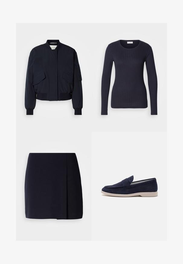 Chaqueta bomber de color azul marino confeccionada con tela suave, que cuenta con un cuello alto, dos bolsillos delanteros y puños y dobladillo acanalados para un ajuste perfecto.; Top de manga larga de canalé en color navy con cuello redondo. Hecho de una tela suave, presenta un diseño ajustado y una textura sutil en toda su superficie.; Una minifalda negra con una silueta recta, confeccionada en tela suave, que presenta una tablilla lateral para mayor detalle y un dobladillo limpio.; Mocasines de ante azul marino con punta redondeada y detalles de costura. Presentan una lengua acolchada y una suela de goma beige claro para mayor comodidad.