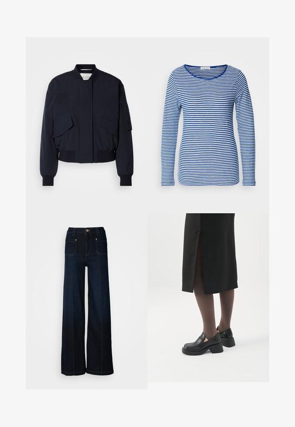 Chaqueta bomber de color azul marino confeccionada con tela suave, que cuenta con un cuello alto, dos bolsillos delanteros y puños y dobladillo acanalados para un ajuste perfecto.; Camisa de manga larga con escote redondeado, que presenta rayas horizontales alternadas en azul y blanco. Fabricada con un tejido suave y ligero.; Jeans de mezclilla de pierna ancha en azul oscuro. Presentan bolsillos frontales, herrajes en tono dorado y costuras en contraste. Textura suave con un diseño casual.; Mujer con mocasines negros de tacón grueso, medias negras transparentes y una falda negra con una abertura trasera sobre un fondo blanco.