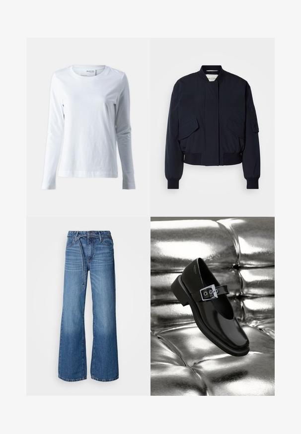 Chaqueta bomber de color azul marino confeccionada con tela suave, que cuenta con un cuello alto, dos bolsillos delanteros y puños y dobladillo acanalados para un ajuste perfecto.; Camiseta blanca de manga larga hecha de algodón suave. Presenta un cuello redondo y mangas ajustadas. Textura suave con un diseño liso.; Jeans de mezclilla de pierna ancha en un tono azul claro. Presentan una cintura alta, costuras visibles y un cinturón de lazo. Textura desgastada hacia la parte inferior.; Zapato Mary Jane negro de cuero con punta cuadrada, acento de hebilla plateada y un tacón bajo y grueso, colocado sobre un fondo plateado brillante.