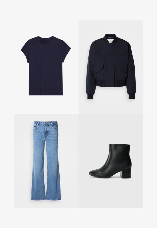 Chaqueta bomber de color azul marino confeccionada con tela suave, que cuenta con un cuello alto, dos bolsillos delanteros y puños y dobladillo acanalados para un ajuste perfecto.; Camiseta de algodón azul marino con escote redondo y mangas cortas, con un ajuste holgado y textura suave. Sin patrones ni acentos.; Vaqueros de pierna ancha azul claro hechos de mezclilla. Presentan un diseño clásico de cinco bolsillos y una bragueta con botones visibles. Textura suave y acabado sin adornos.; Botas de cuero negras hasta el tobillo con una punta afilada y un tacón grueso. Textura lisa con acentos mínimos y un diseño elegante y ajustado.