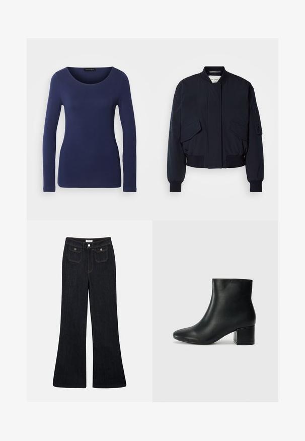 Chaqueta bomber de color azul marino confeccionada con tela suave, que cuenta con un cuello alto, dos bolsillos delanteros y puños y dobladillo acanalados para un ajuste perfecto.; Camiseta de manga larga en color navy, hecha de material suave, con un escote redondo y un diseño ajustado. Sin patrones ni acentos visibles.; Vaqueros de mezclilla oscuros de corte acampanado, con cintura alta, dos bolsillos delanteros y costuras naranjas. El material parece robusto y suave.; Botas de cuero negras hasta el tobillo con una punta afilada y un tacón grueso. Textura lisa con acentos mínimos y un diseño elegante y ajustado.