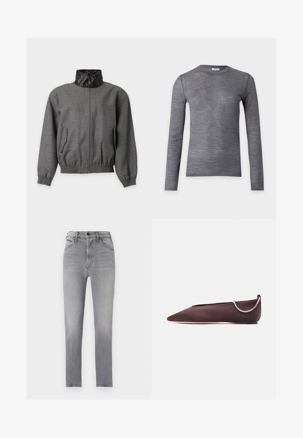 Veste grise zippée avec col montant en cuir noir, poignets élastiques et deux poches latérales à rabat sur fond uni.; Pull gris à manches longues avec col rond, texture fine et lisse en maille et petite étiquette de marque au niveau de l'encolure.; Jean gris taille haute coupe slim avec bouton à l'avant, fermeture éclair et design à cinq poches, présenté sur un fond uni.; Chaussure plate marron foncé à bout pointu avec un petit talon et un détail chaîne en strass argentée à l'arrière.