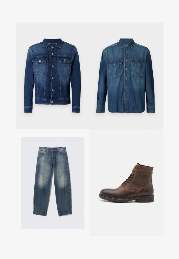 Herren Jeansjacke in Blau mit Knopfverschluss vorne, zwei Brustklappen mit Knöpfen und langen Ärmeln.; Denim-Hemd mit langen Ärmeln, Knopfleiste, zwei Brusttaschen und Knopf-Manschetten in einer mittleren blauen Waschung.; Hellblaue Jeans aus Denim mit lockerem Schnitt, verwaschenen Stellen, Fronttaschen und diagonalen Nahtakzenten. Gerader Beinverlauf.; Jack & Jones JFWDELANEY BOOT - Schnürstiefelette - cognac